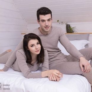 顶呱呱内衣保暖女加绒加厚里层纯棉顶瓜瓜男冬季圆领条纹套装情侣