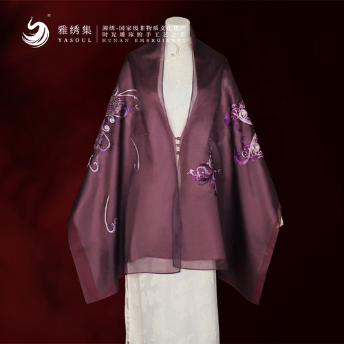 雅绣集真丝重工披肩手工湘绣