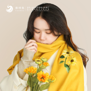 湘绣手工绣花刺绣纯羊绒围巾冬季男女保暖加厚流苏送妈妈新年礼品