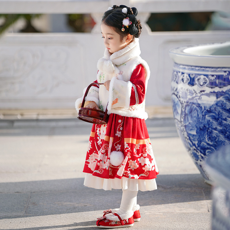 汉服女童冬季唐装儿童中国风加绒加厚公主连衣裙旗袍裙拜年服套装