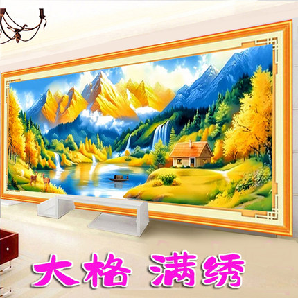 2026背靠金山十字绣福禄生财日照金山聚宝盆客厅手工刺绣大格满绣