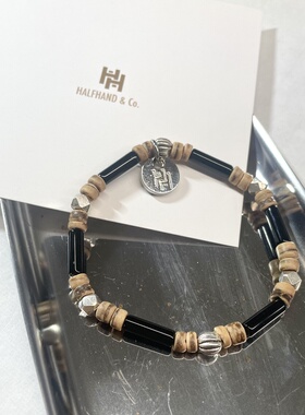 原创日系黑耀石搭配银饰椰壳潮流半宝石串珠手链