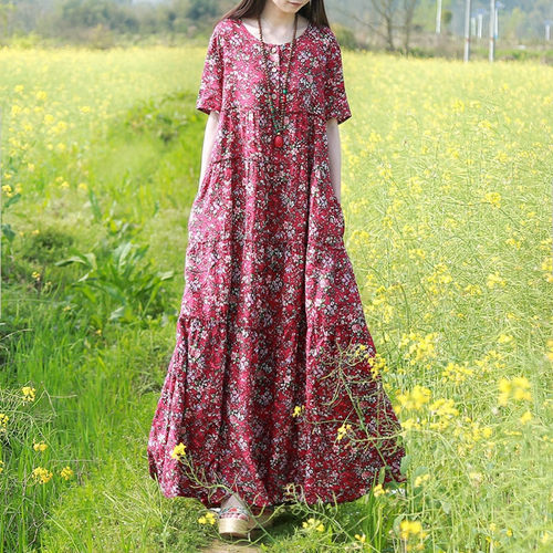 棉麻超垂碎花高腰连衣裙夏季长裙
