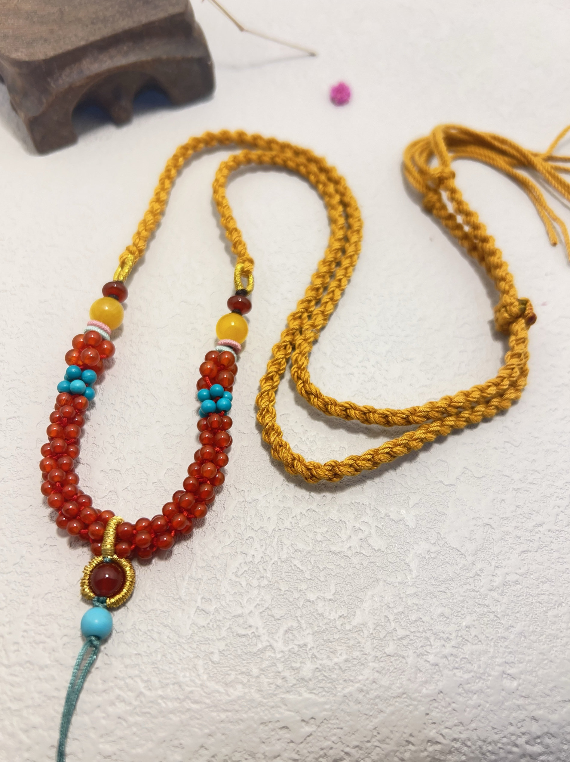 敦煌配色项链吊坠绳蜜蜡黄金吊坠手工编织绳子桃花结挂脖可调