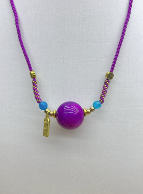 原创天然南非老矿星际蓝舒俱来圆珠樱花紫手工编织吊坠锁骨项链