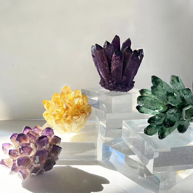 天然紫黄绿白水晶簇摆件消磁观赏矿石家居客厅鱼缸造景装饰摆件