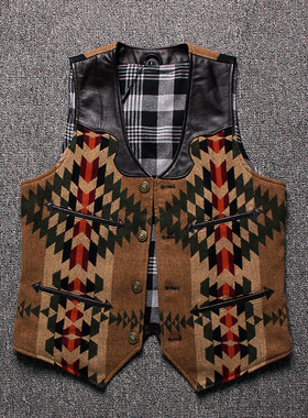 新真皮马甲男纳瓦霍风格西部牛仔马甲复古油蜡牛皮配毛呢v领坎肩