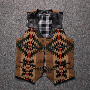 新真皮马甲男纳瓦霍风格 西部牛仔马甲复古油蜡牛皮配毛呢v领坎肩