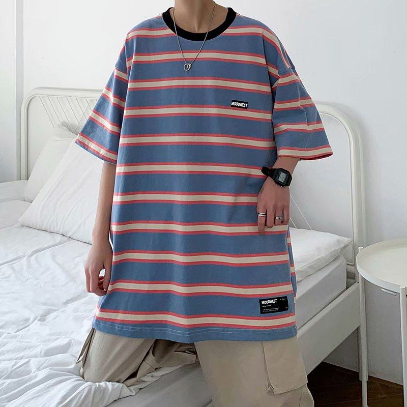 Summer stripe loose crew neck casual Stripe Shirt