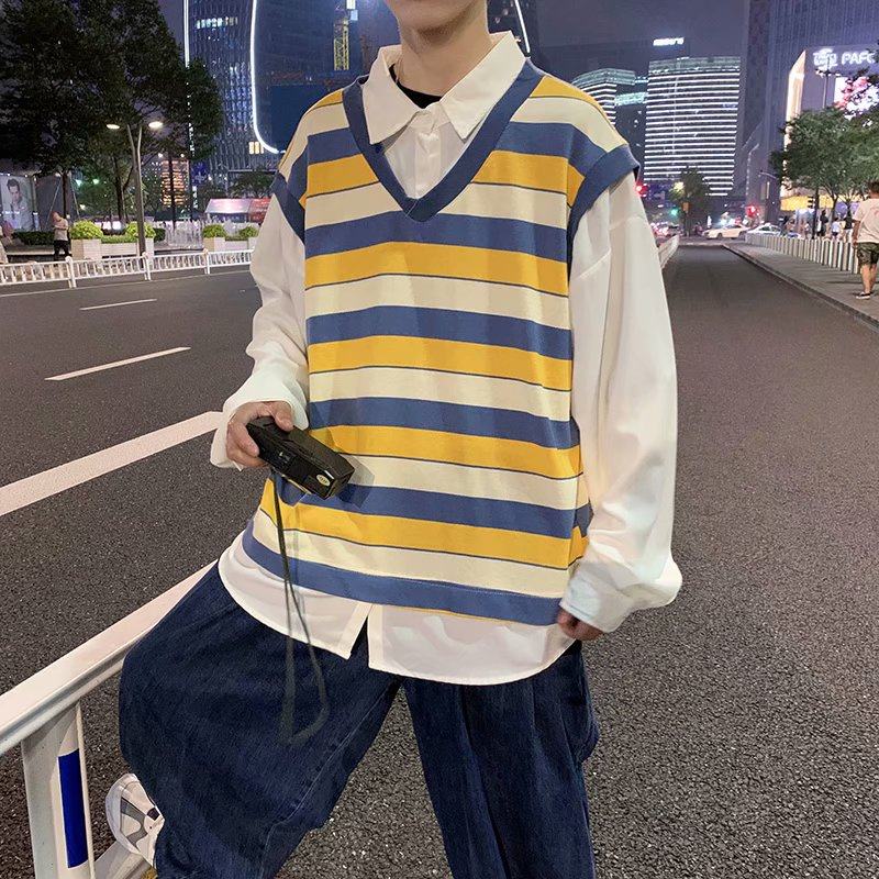 2021 spring fake two striped sweater shirts