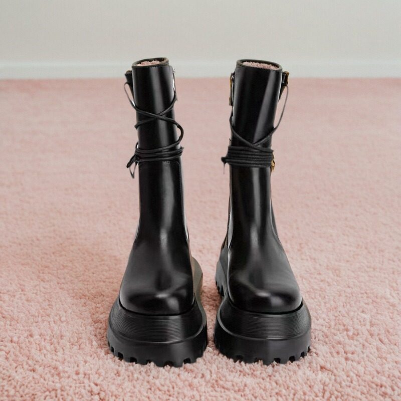 2025新款交叉系带侧拉链骑士靴高筒机车靴中筒靴子休闲百搭马丁靴,女鞋,马丁靴,淘宝优惠券,粉丝福利购,淘宝优惠卷