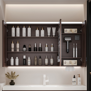 中古风胡桃木色实木智能浴室镜柜单独挂墙式三色带灯除雾抽纸孔