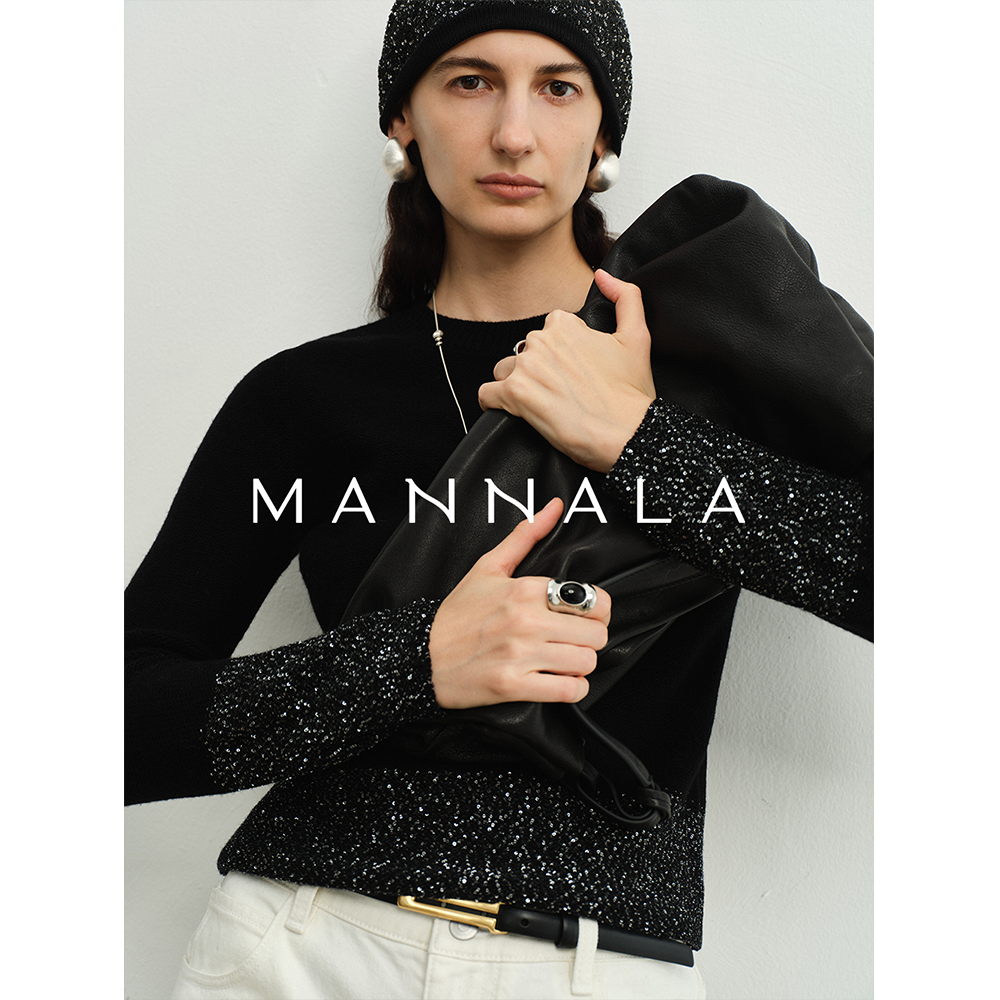 MANNALA丨“黑奥汀”珠片纱显瘦美丽诺羊毛拼接珠片短款毛衣Q4672,女装/女士精品,毛针织衫,淘宝优惠券,粉丝福利购,淘宝优惠卷