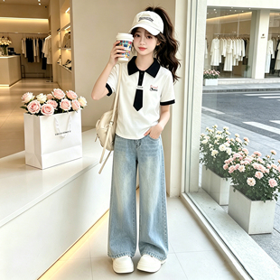 女童夏季薄款套装2026新款中大童POLO衫短袖学院风牛仔裤两件套潮