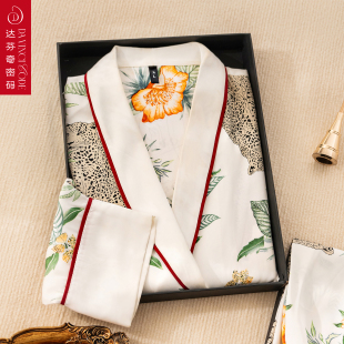 宽松家居服两件套装 白色金钱豹气质四季 长裤 睡衣女仿丝绸长袖 新款