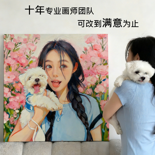 手绘定制全家福写实人物肖像装饰画真人照片定制油画情侣创意礼物