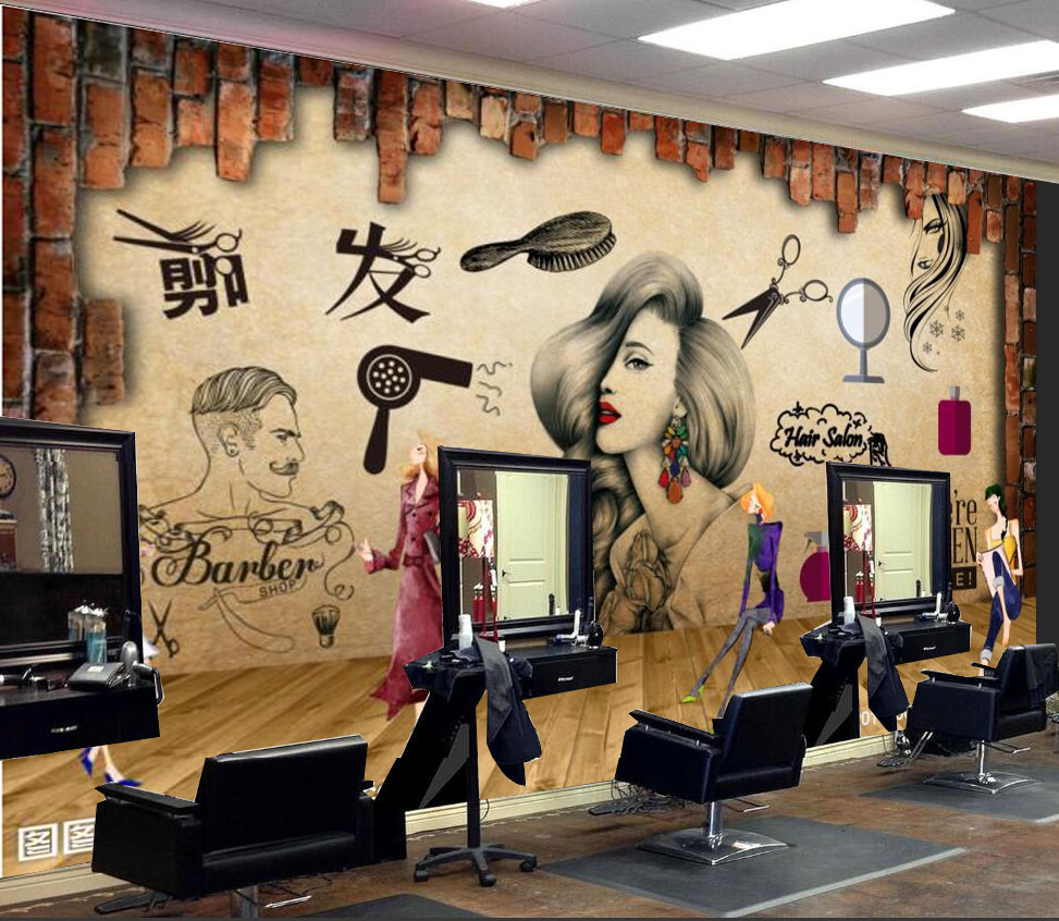 美容美发店装饰背景墙壁纸时尚发廊理发店墙纸3d复古墙布壁画
