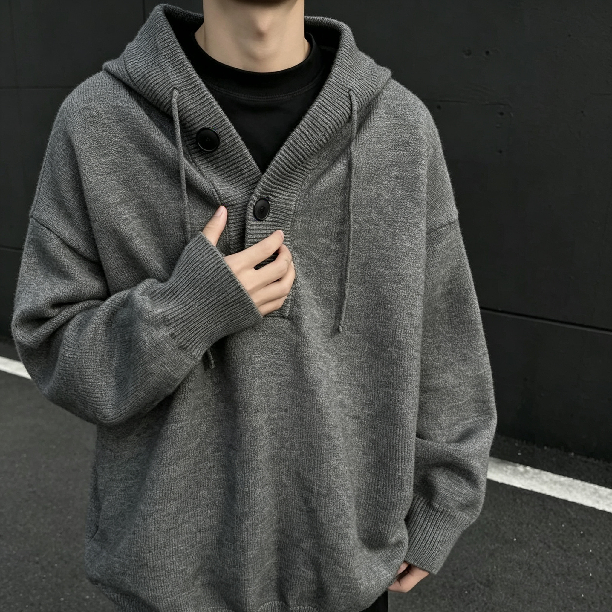 高街纯色连帽针织衫秋冬男款毛衣美式cleanfit连帽卫衣高级感外套