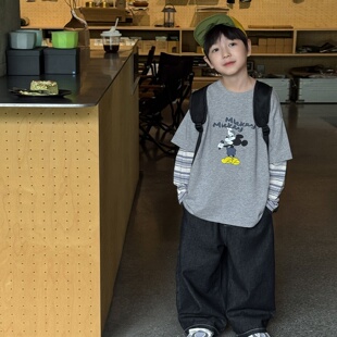 童酷2026男童春款湖州织里童装时尚条纹假两件米奇印花儿童T恤潮
