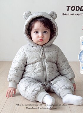 冬季婴幼儿羽绒连体衣女宝宝碎花小兔子耳朵连帽爬服小童外出哈衣