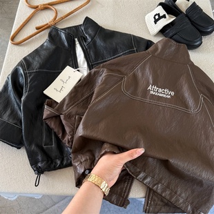 潮 男女童刺绣皮衣外套宝宝字母拉链衫 儿童外套2026眯眯眼春季 新品