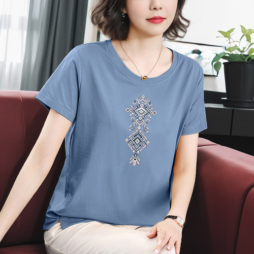 短袖t恤女纯棉妈妈装时尚夏季上衣中老年女士半袖体恤衫宽松大码