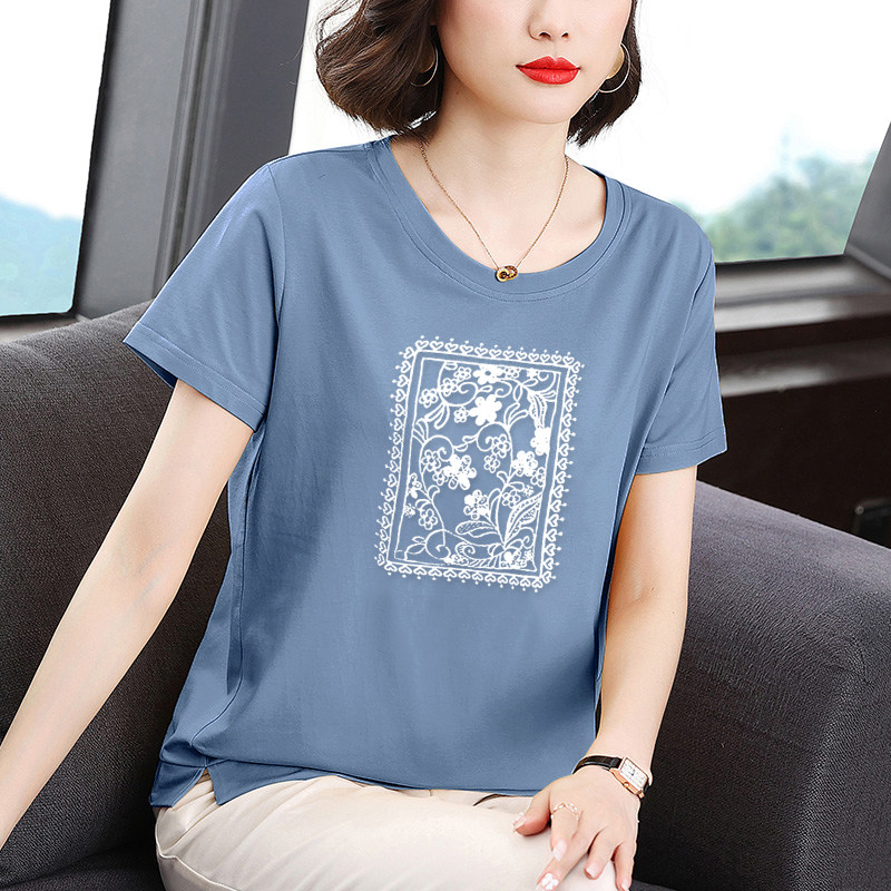 纯棉短袖t恤女大码中年妈妈装上衣夏季圆领女士休闲时尚夏装小衫