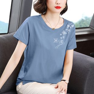 2024新款 中年纯棉T恤女夏季 洋气妈妈短袖 宽松减龄韩版 体恤上衣女
