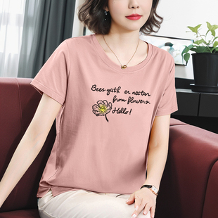 t恤女夏季 女士洋气体恤衫 新款 中年妈妈全棉夏装 宽松大码 纯棉短袖