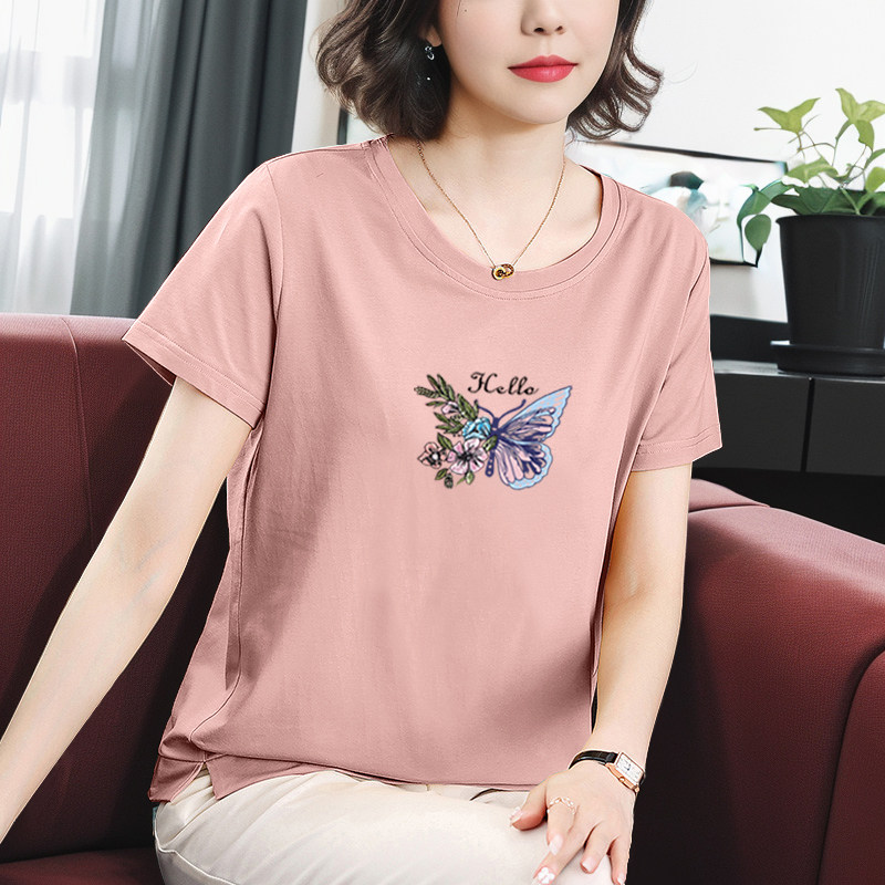 纯棉短袖T恤女上衣宽松中年妈妈气质休闲上衣女士夏装全棉体恤衫