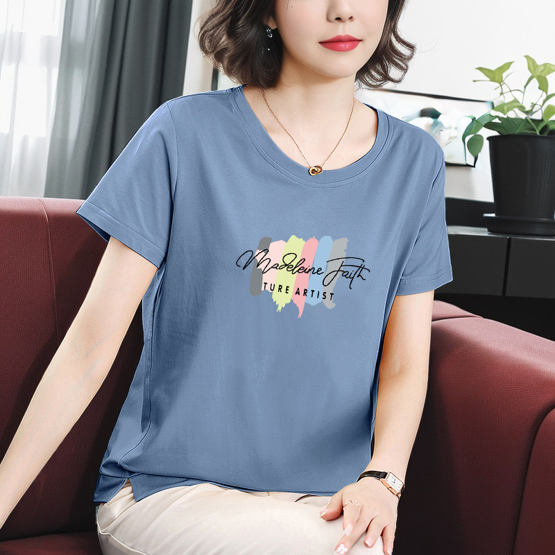 夏季纯棉短袖t恤女中年妈妈装休闲圆领上衣宽松大码夏装女士全棉T