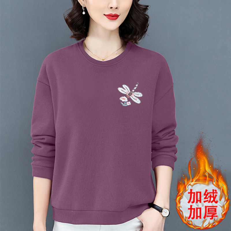 加绒卫衣女士新款秋冬季加厚中年妈妈宽松大码印花保暖上衣长袖潮