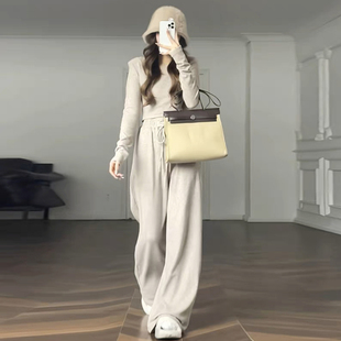 两件套 显瘦遮肉盐系炸街高级感阔腿裤 2025春秋休闲运动套装 女韩版