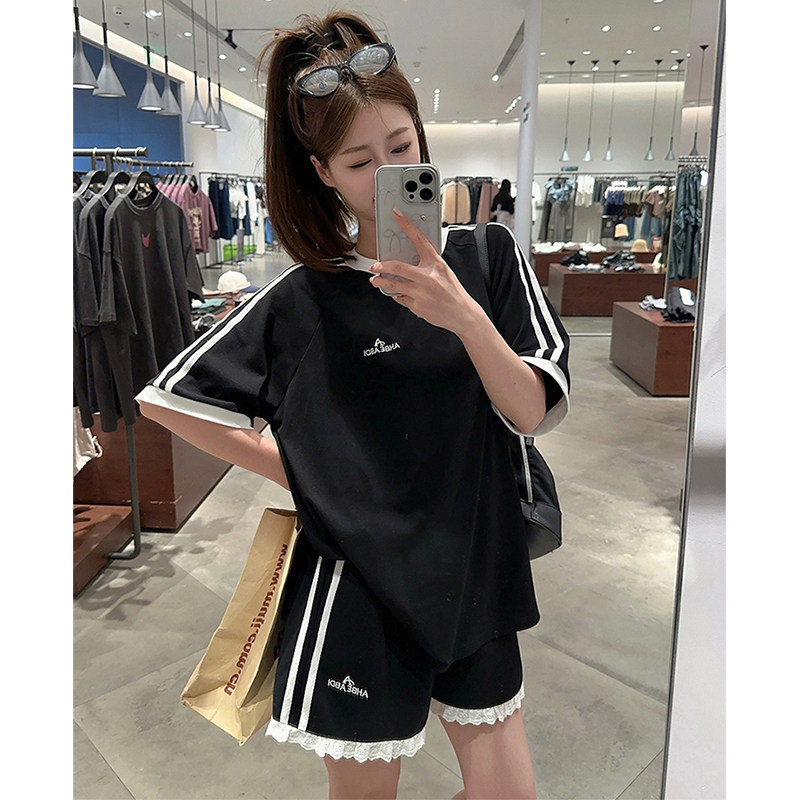 时尚运动套装女夏季纯棉宽松显瘦韩版学生短裤短袖休闲两件套跑步