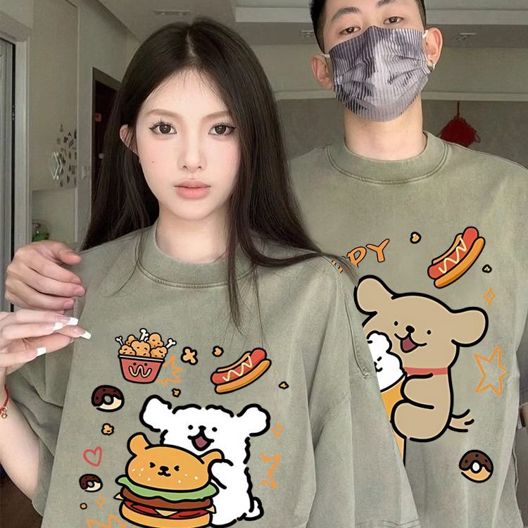 汉堡小狗情侣款纯棉短袖t恤男女装夏季新款个性卡通T宽松大码上衣