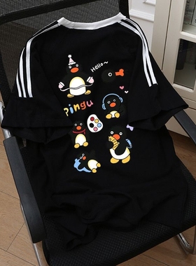 复古企鹅三条杠重磅纯棉短袖t恤男女装夏季新款宽松大码卡通T上衣
