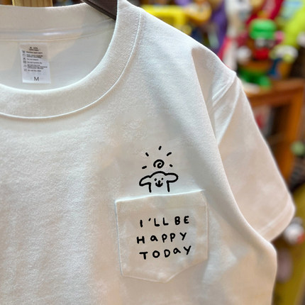 happy小狗带口袋纯棉t恤男女夏季新款宽松大码简约小众短袖上衣服
