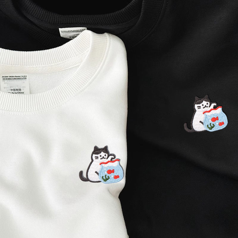 刺绣猫观鱼600g重磅纯棉卫衣