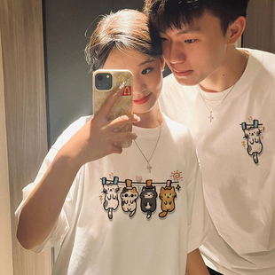 特别的情侣装夏季纯棉t恤男女猫咪短袖新款网红休闲ins高级感衣服