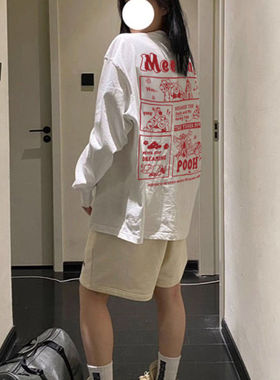小熊260g重磅纯棉长袖t恤女男春秋季美式纯色宽松大码T打底衫上衣