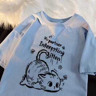 宽松大码 新款 T简约显瘦上衣 t恤女男夏季 躺平猫咪260g重磅纯棉短袖