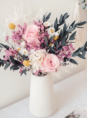 永生玫瑰尤加利干花花束网红摆件真花满天星绣球水晶草家居装饰