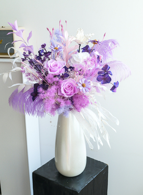 永生花玫瑰芦苇满天星花束ins羽毛真花干花花束家居装饰桌面摆件
