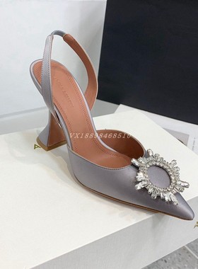 外贸AMINA绝美性感高跟尖头凉鞋女外穿太阳花水钻扣气质名媛大码