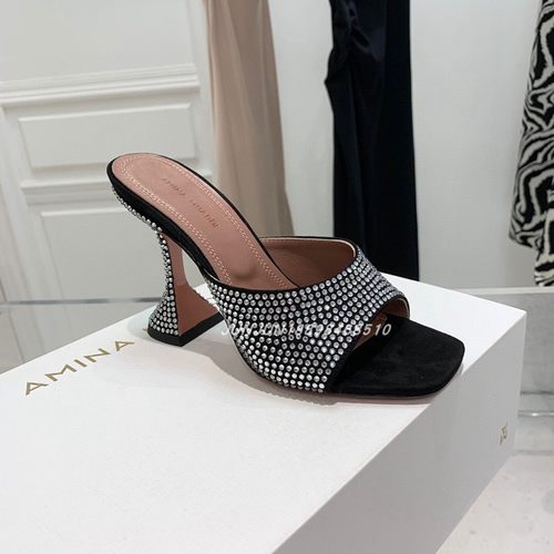 外贸欧美AMINA绝美超稳高跟露趾水钻拖鞋女外穿婚礼派对约会大码