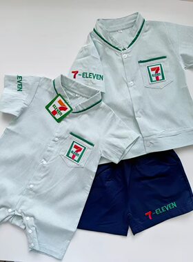 现货便利店棉麻短袖爬服连体短爬短袖衬衫短裤套装兄弟姐妹装