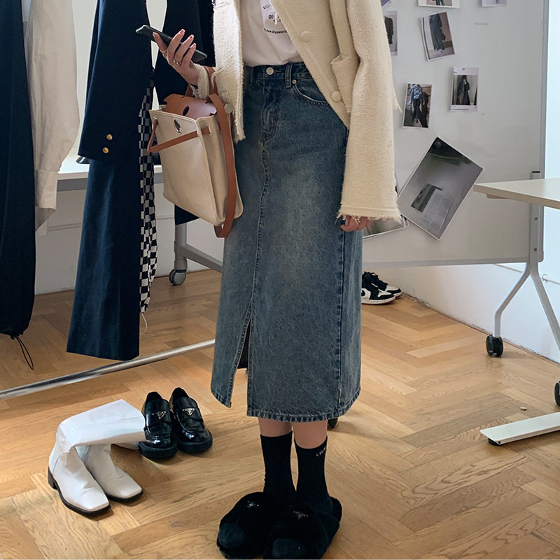 EALA牛仔水洗磨白早秋开叉半身裙