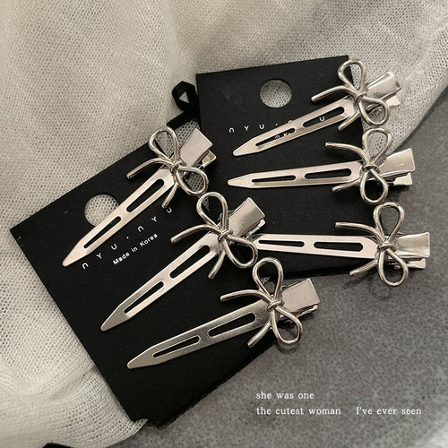 金属银色蝴蝶结夹子发饰发夹女前额刘海侧边夹碎发卡子鸭嘴夹头饰