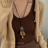 波西米亚咖色复古流苏项链女异域民族风锁骨链颈链吊坠毛衣链长款