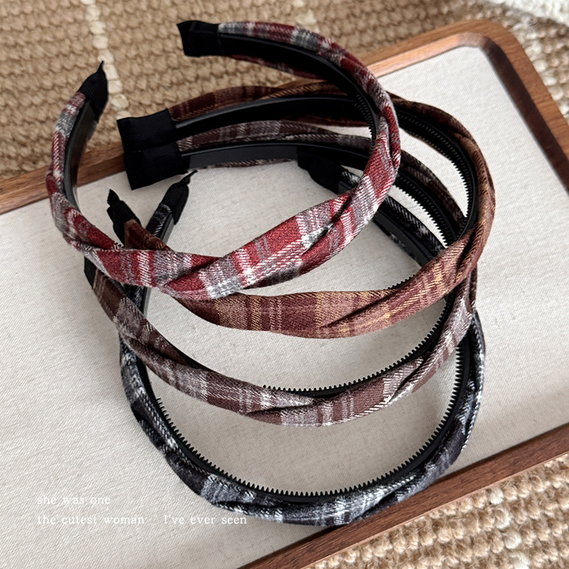学院风布艺格纹麻花发箍秋冬发卡